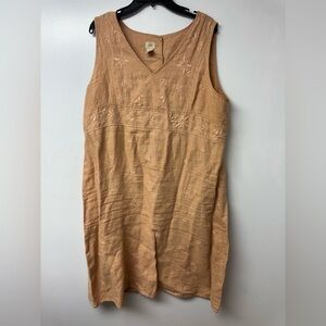 J Jill 100% Linen Sleeveless Embroidered Shift Dress XL Boho breathable Tan